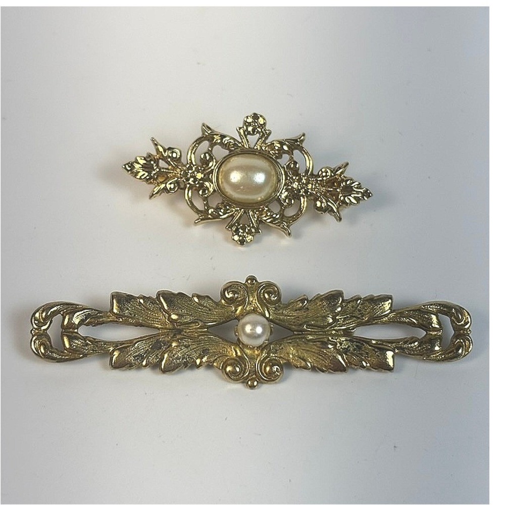 Vintage Brooch Pin Set Gold Faux Pearl Filigree Floral Bar Boho Statement